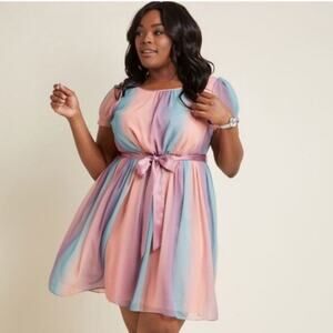 ModCloth Pastel Ombre Multicolor Stripe Shirt Sleeve Belted A-Line Mini Dress XL